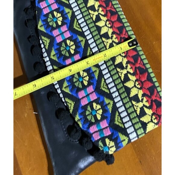 Boho Embroidered Leather Crossbody Bag Womens PomPom Trim Festival Hippie Purse - Picture 8 of 11